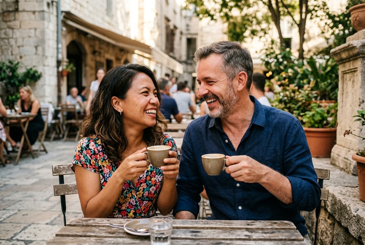 A happy Filipina–European couple laughing together on a sunny terrace