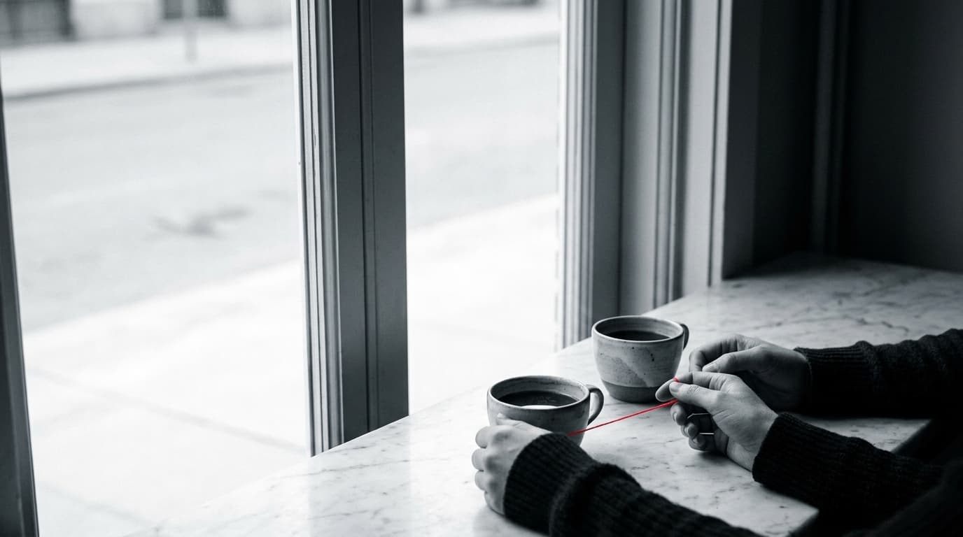 Twee mensen aan een marmeren cafétafel, verbonden door een dunne rode draad