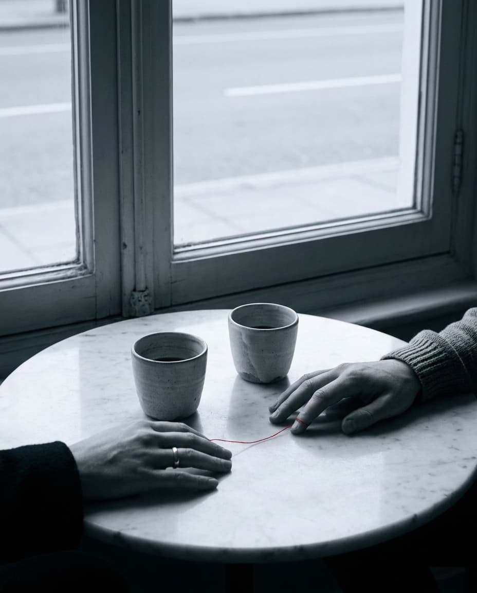 Twee mensen aan een marmeren cafétafel, verbonden door een dunne rode draad