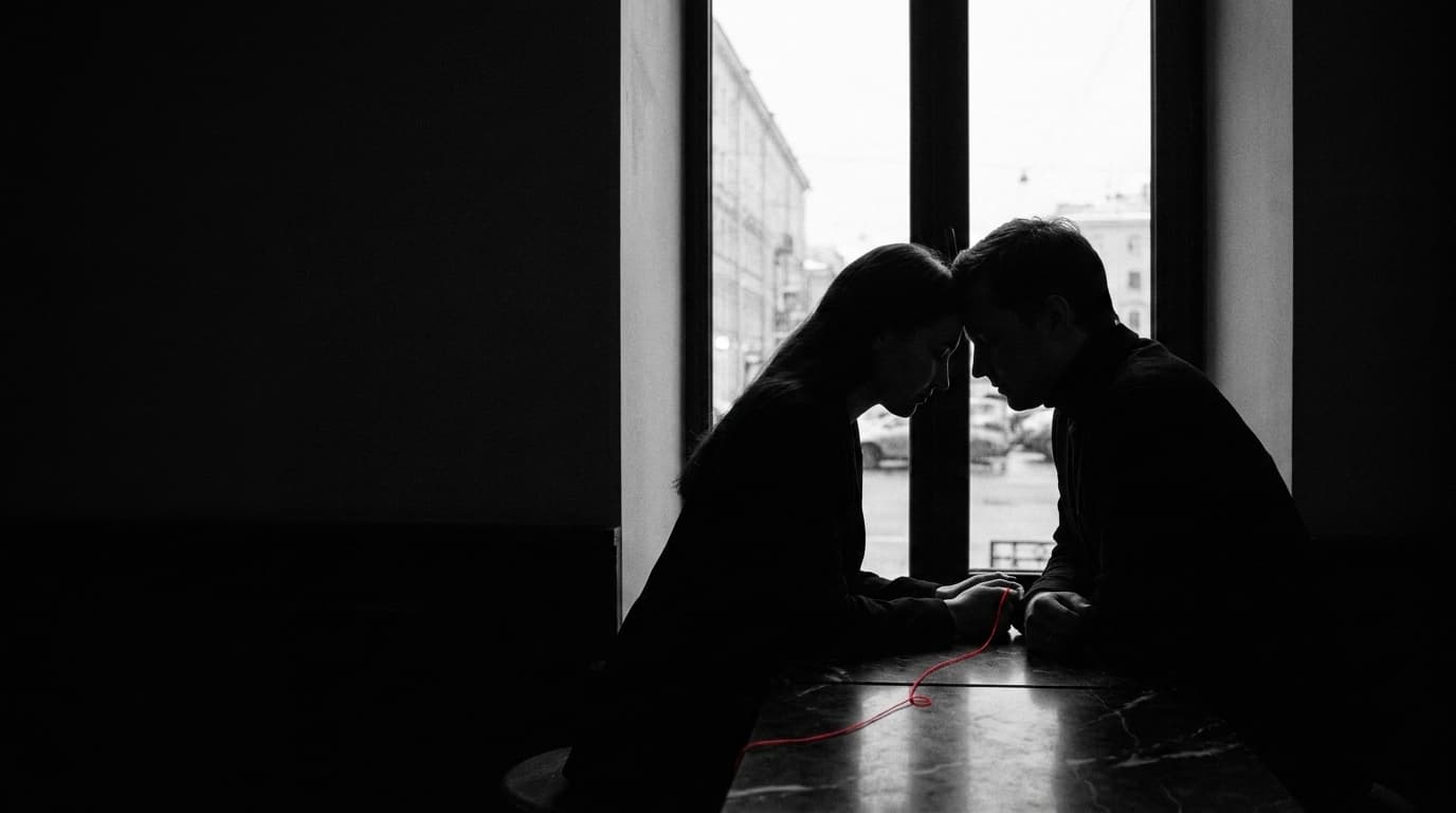 Twee silhouetten dicht bij elkaar tegen een raam, verbonden door een rode draad