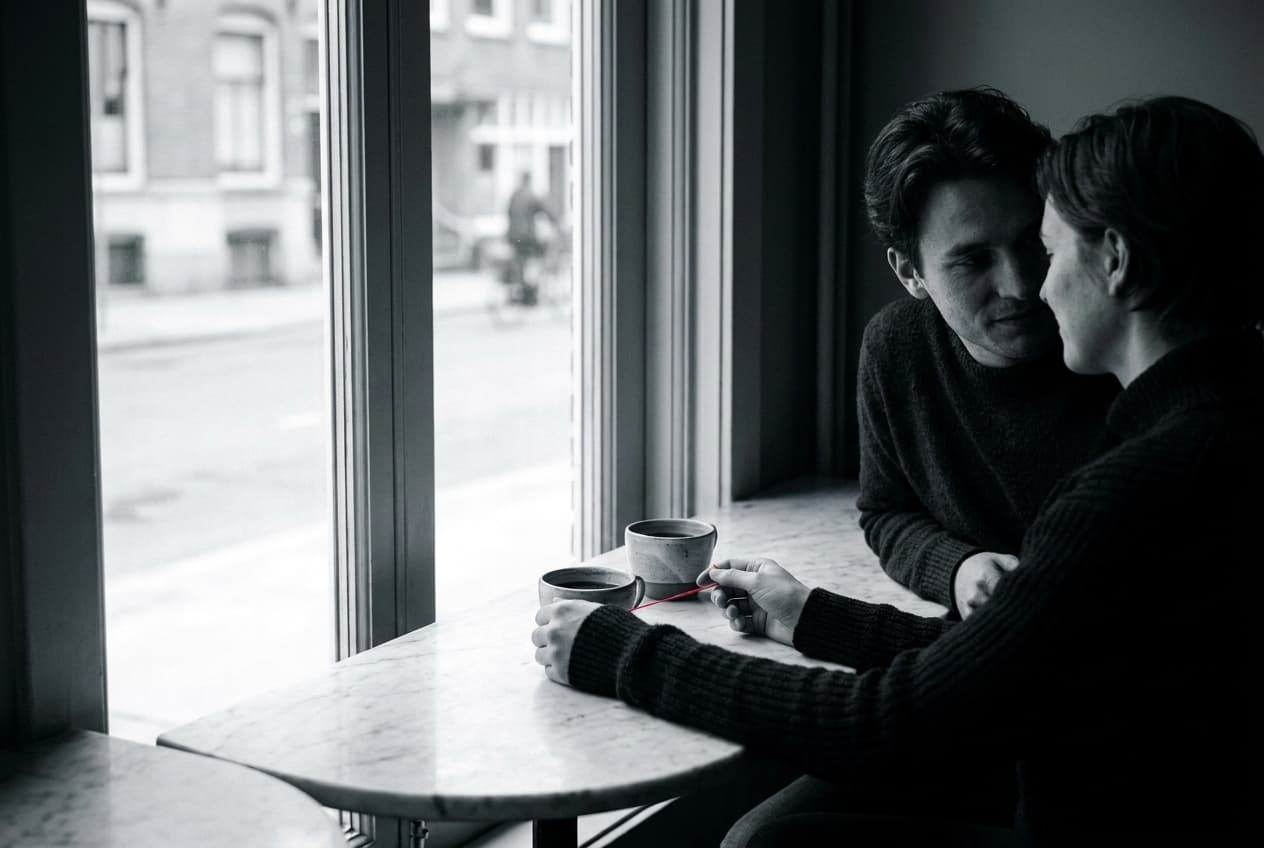 Samen aan tafel — twee mensen, verbonden door de rode draad