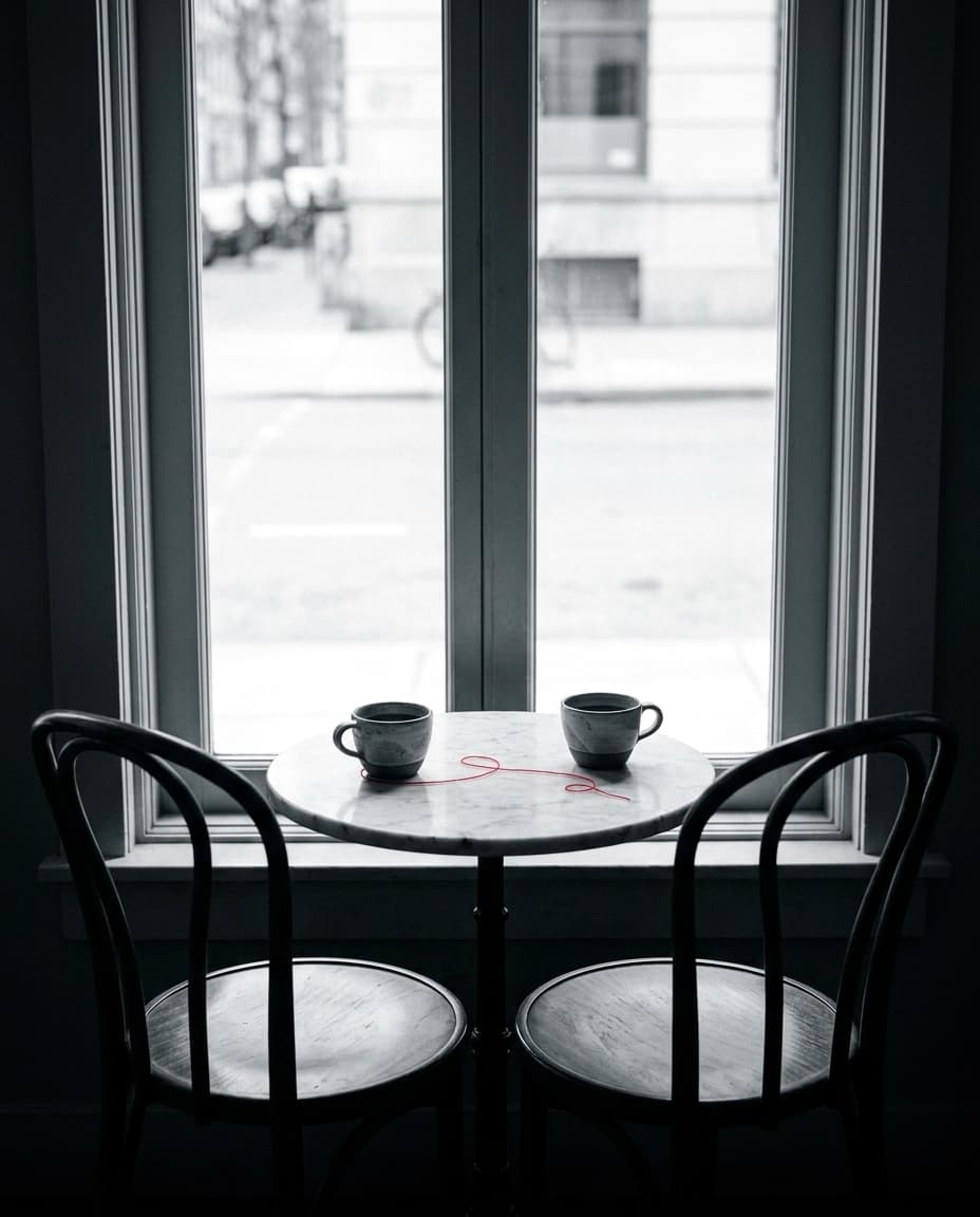 Twee lege stoelen aan een tafel bij het raam, klaar voor een ontmoeting