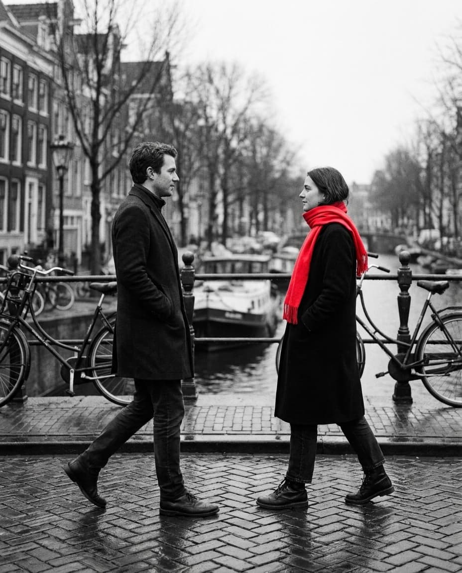 Twee mensen ontmoeten elkaar op een Amsterdamse gracht, één rode sjaal